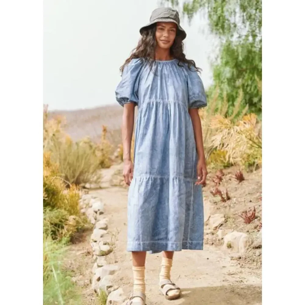 The Great. The Park Blue Puff Sleeve Tiered Maxi Dress - Picture 1 of 8